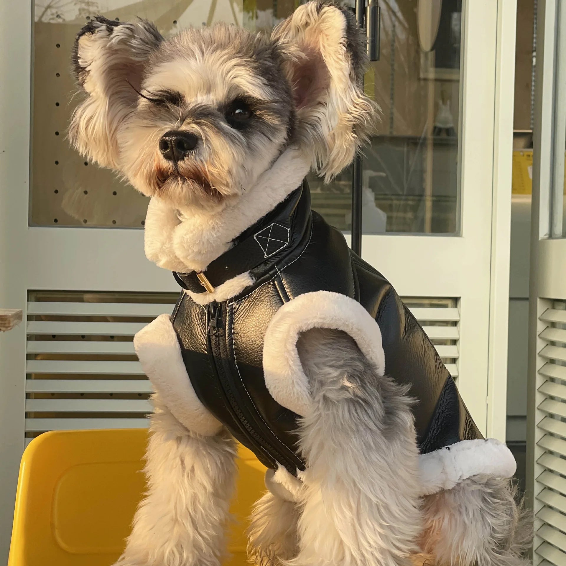 Manteau simili cuir et doublé fausse fourrure pour chien Oscar et Plume Noir / XS