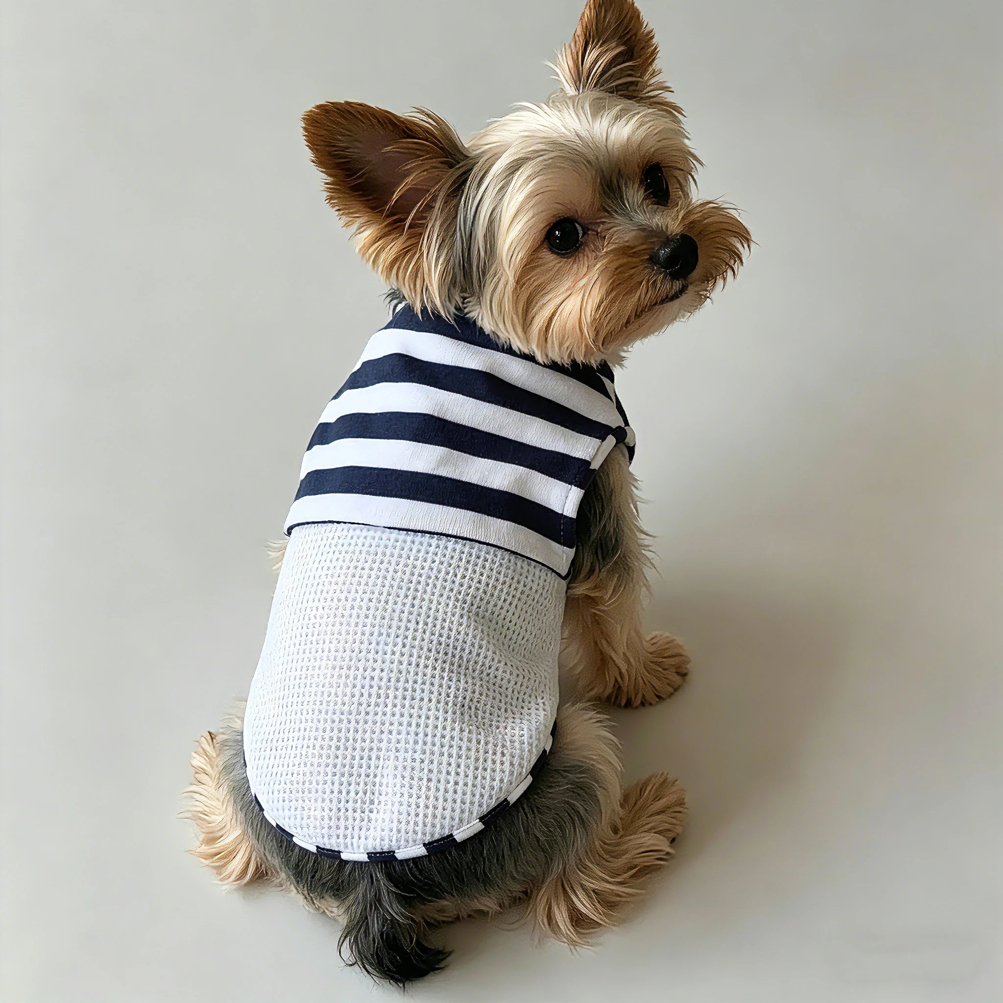 Chien portant une marinière pour chien à rayures bleues et blanches pour un look nautique élégant