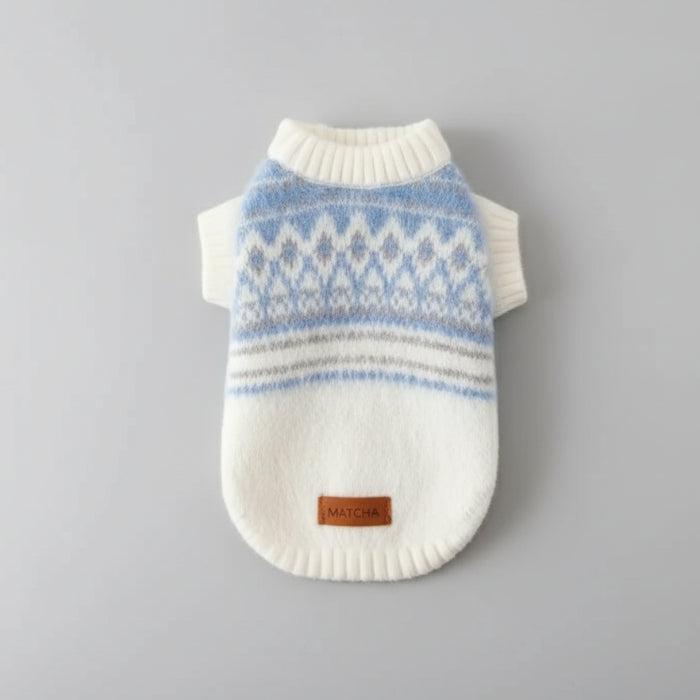 Pull chaud pour chien en laine avec motifs géométriques bleus et blancs, confortable et élégant