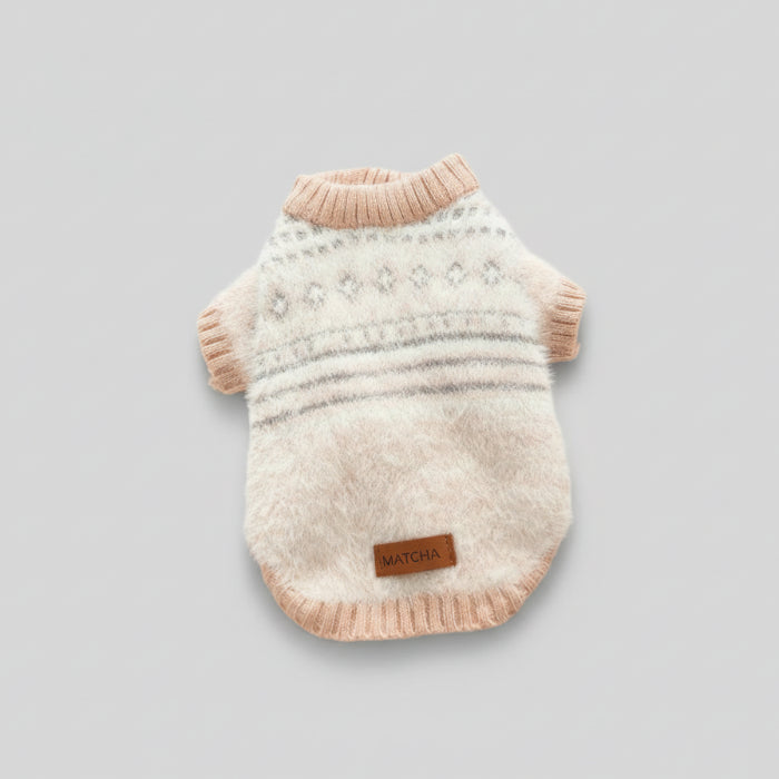 Pull chaud pour chien Oscar et Plume en peluche beige avec motif tricoté et col côtelé