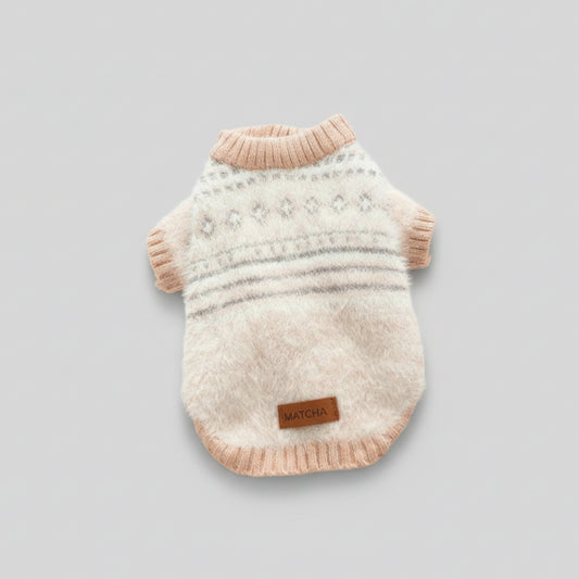 Pull chaud pour chien Oscar et Plume en peluche beige avec motif tricoté et col côtelé