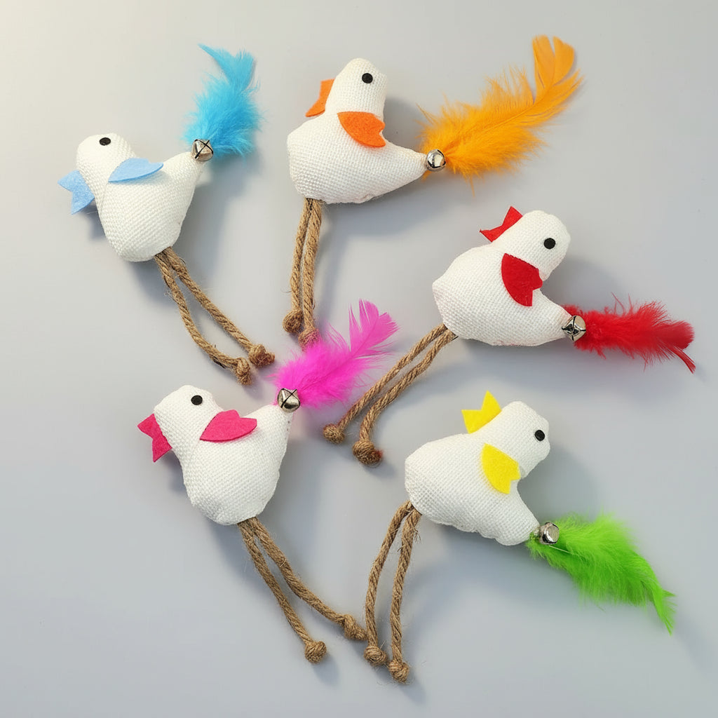 Jouets OISEAU interactif pour chat en différentes couleurs avec plumes et grelots pour amuser les félins