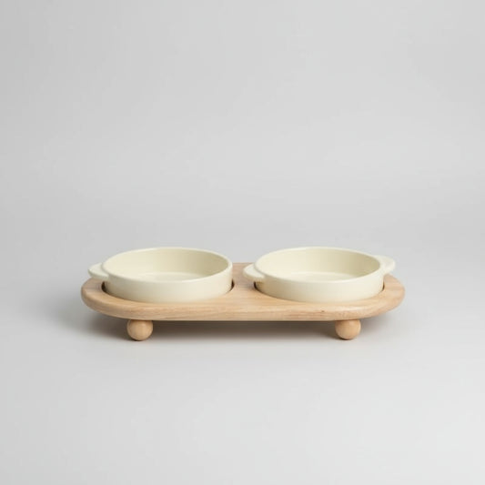 Gamelle céramique sur support bois pour chien et chat Oscar et Plume Double Nourriture Blanc