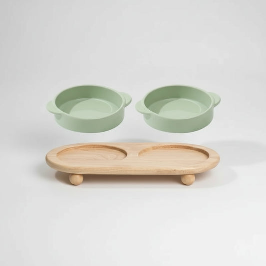 Gamelle céramique sur support bois pour chien et chat Oscar et Plume Double Nourriture Vert