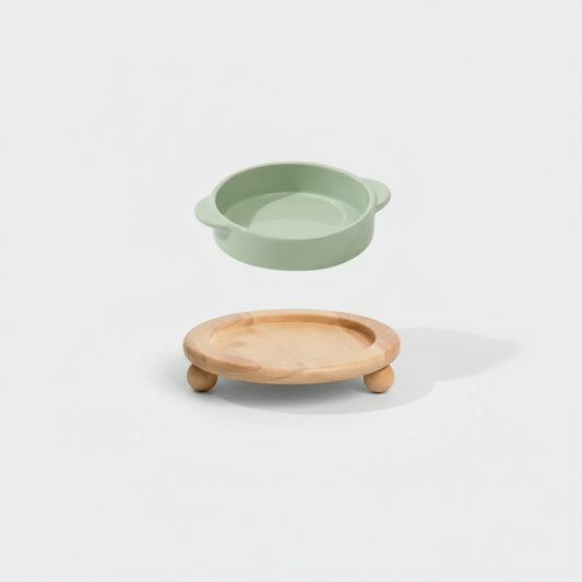 Gamelle céramique sur support bois pour chien et chat Oscar et Plume Vert Nourriture