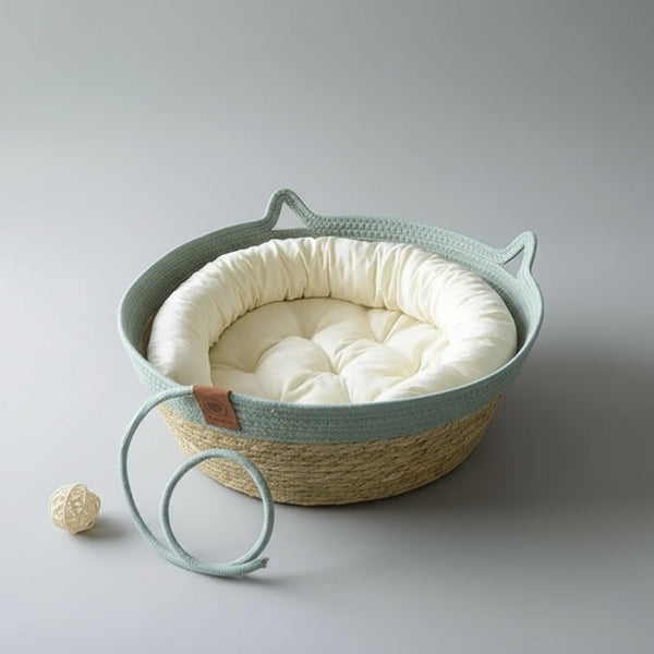 Panier chat en jacinthe d'eau avec coussin doux et design élégant pour le confort des chats.