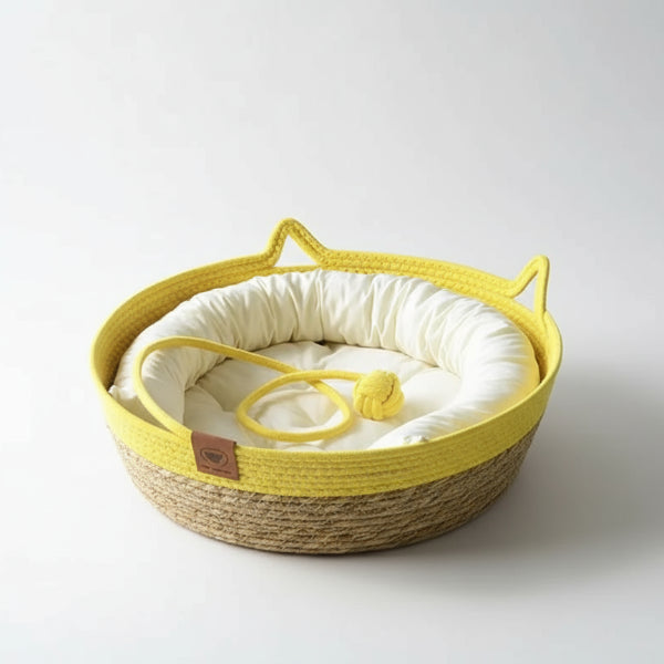 Panier chat en jacinthe d'eau jaune avec oreilles et coussin doux pour confort optimal