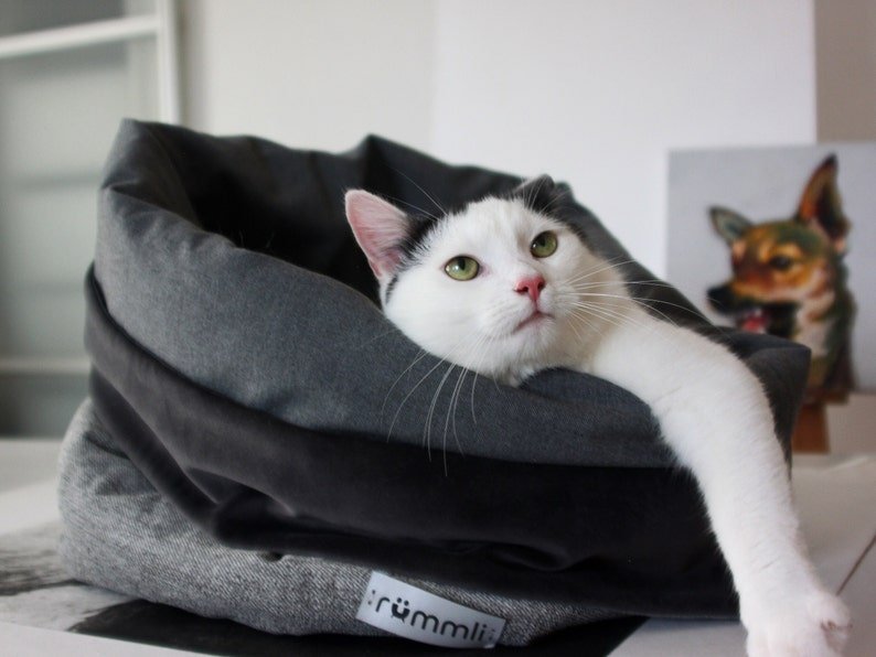 Panier chat velours Oscar et Plume en tissu doux gris avec chat blanc allongé à l'intérieur