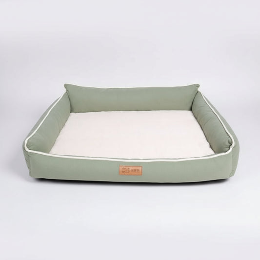 Panier chien confortable vert olive avec coussin doux et bordures rembourrées par Oscar et Plume