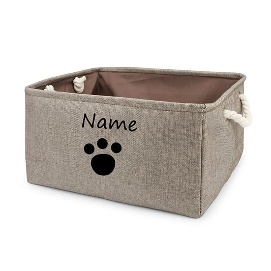 Panier de rangement pour chat et chien gris avec poignées en corde et motif patte
