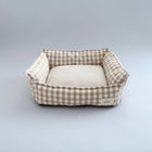Panier déhoussable en coton chien et chat à carreaux beige et blanc pour animaux de compagnie