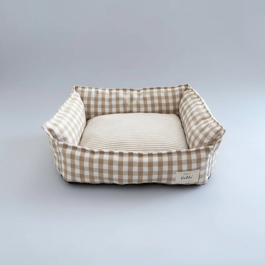 Panier déhoussable en coton chien et chat à carreaux beige et blanc pour animaux de compagnie