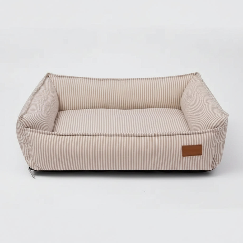 Panier Déhoussable pour Chien en rayures beige avec coussins confortables et design élégant