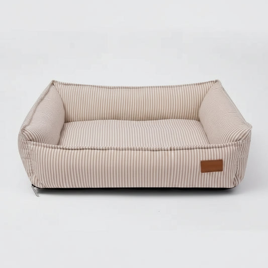 Panier Déhoussable pour Chien en rayures beige avec coussins confortables et design élégant