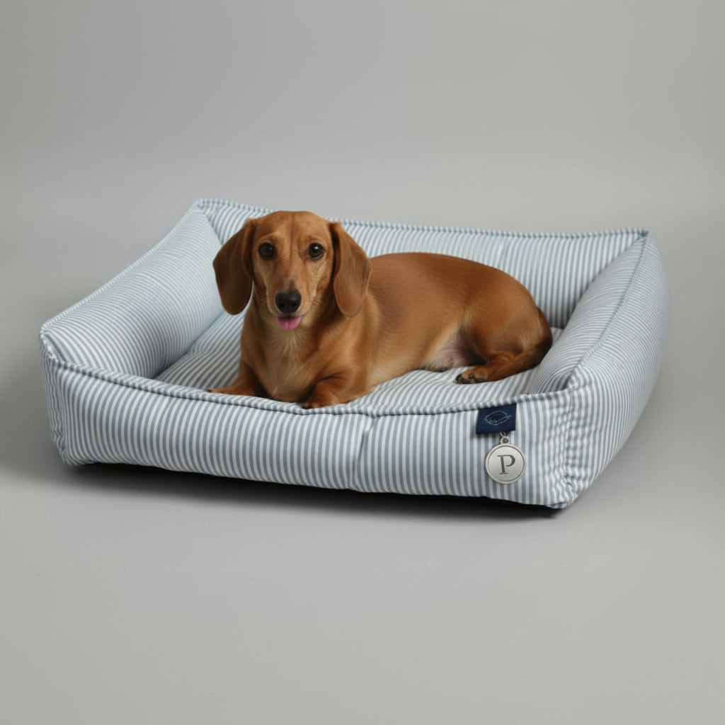 Panier Déhoussable pour Chien avec un design en rayures et un chien couché confortablement