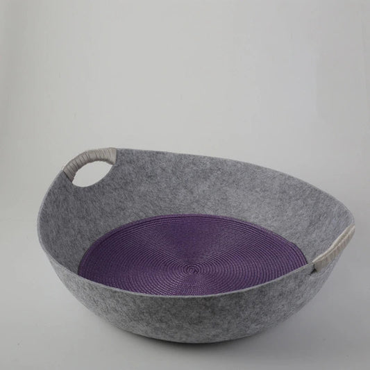 Panier feutre lavable pour chat gris avec coussin violet et poignée droite Oscar et Plume