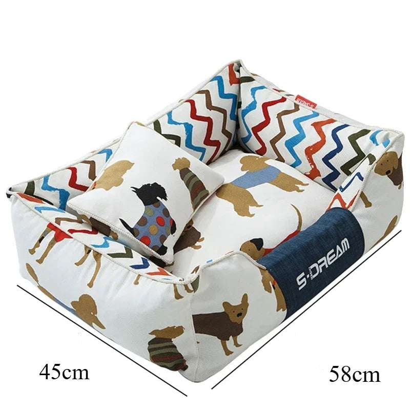 Panier lavable machine pour chien aux motifs colorés avec coussin inclus, 45cm x 58cm