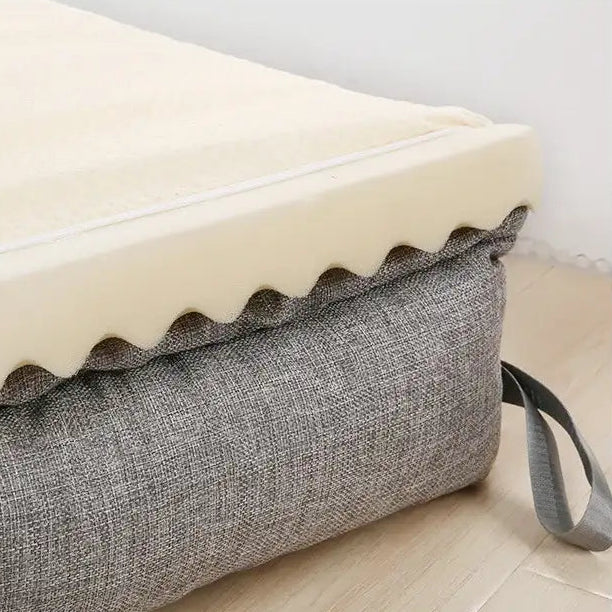 Panier pour chien Oscar et Plume en tissu gris chiné avec matelas en mousse ondulée amovible et poignée