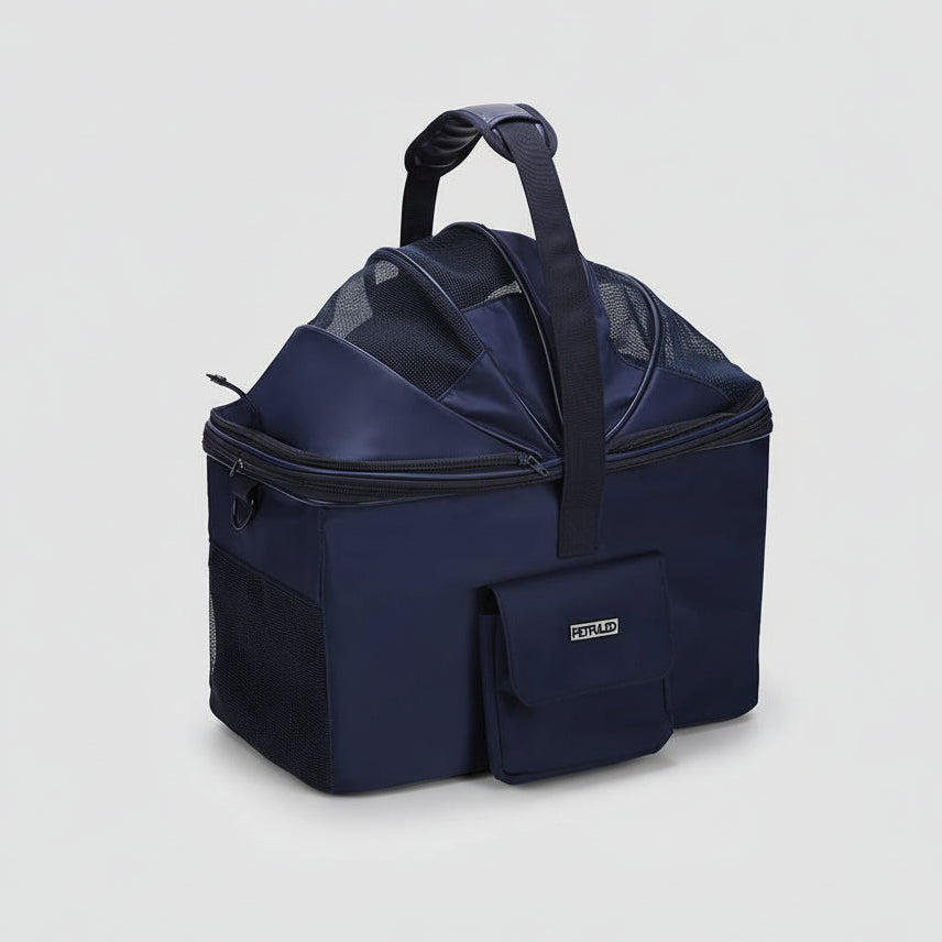 Panier vélo 2 en 1 pour chien et chat à dégagement rapide, sacoche tactile bleue avec poches latérales et poignée supérieure.