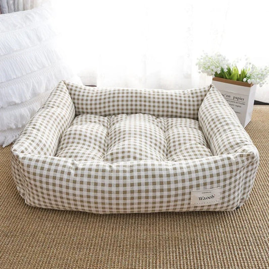 Panier vichy , coussin réversible Oscar et Plume Beige S