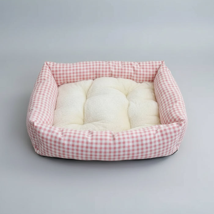 Panier vichy pour chien et chat avec rembourrage doux en fourrure blanche et design carré
