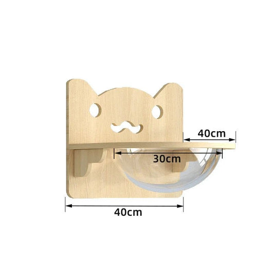 Parcours escalade chat en bois naturel avec plateforme et bol transparent dimensions 40x40 cm