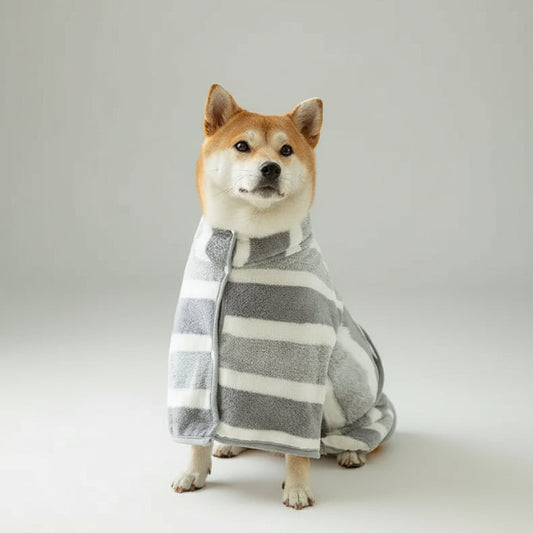 Peignoir absorbant pour chien à rayures grises en peluche pour le confort de votre animal
