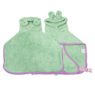 peignoir chien absorbant vert menthe avec capuche oreilles bordure violette et sangle réglable Oscar et Plume