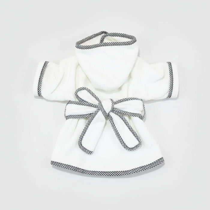 Peignoir chien avec ceinture en blanc avec capuche et finitions noires