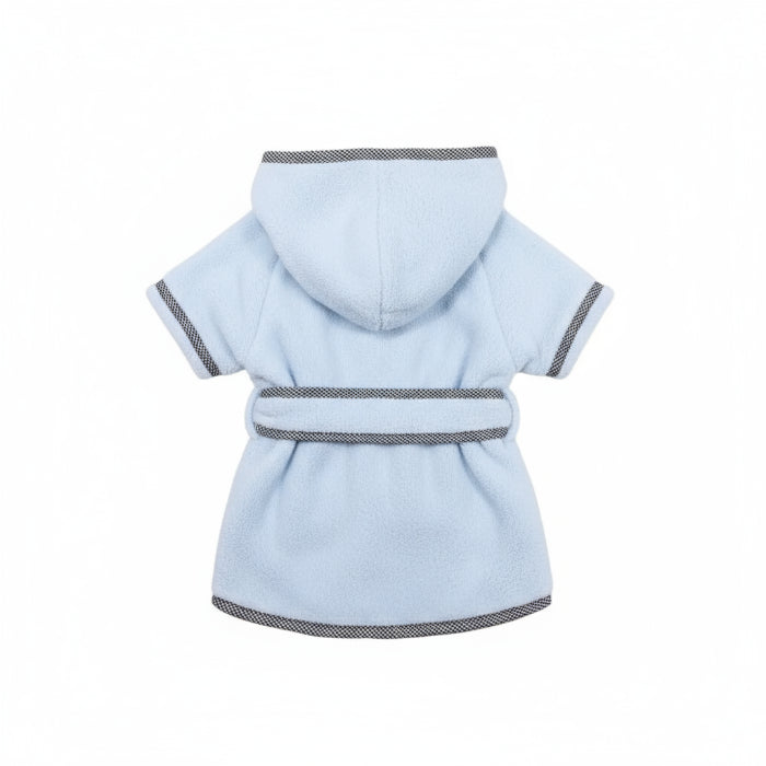 Peignoir chien avec ceinture en polaire bleu clair avec capuche et finitions noires