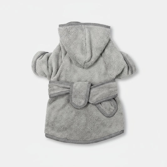 Peignoir chien avec ceinture en gris doux et à capuche pour garder votre animal au chaud