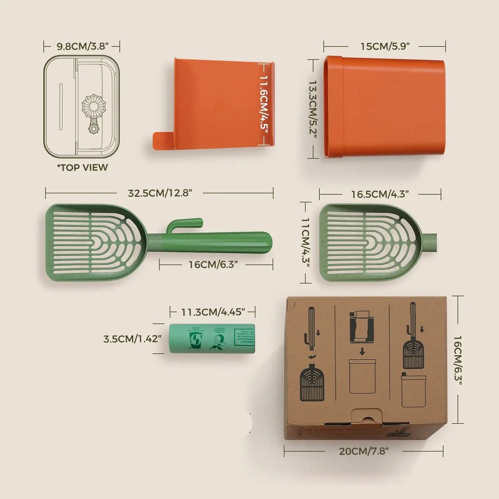 Pelle à litière pour chat Oscar et Plume, vue supérieure avec dimensions détaillées des accessoires