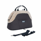 Sac à bandoulière pour chien Oscar et Plume en tissu marron avec doublure en peluche beige et sangle ajustable