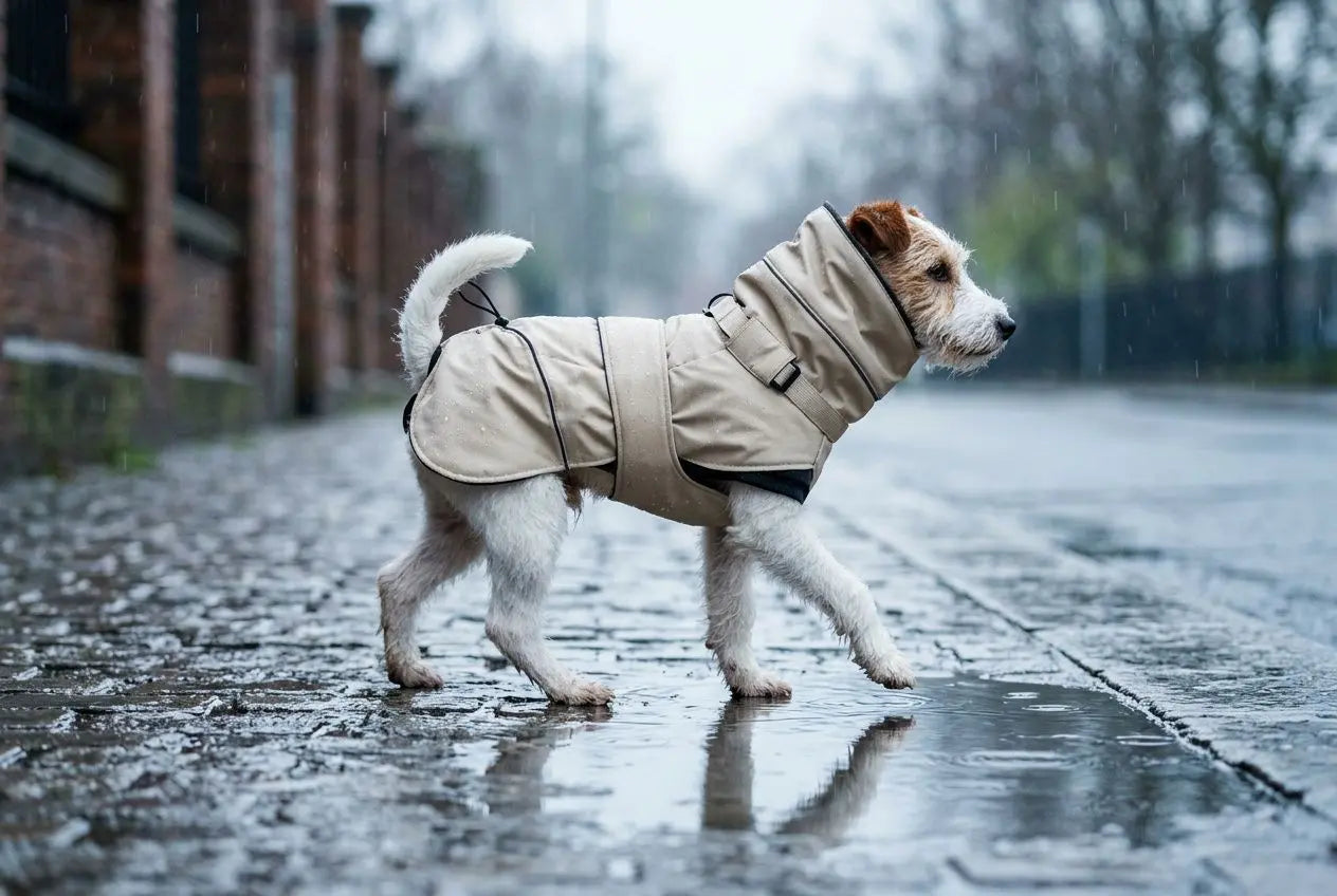 Petit chien portant un imperméable beige, debout sur une chaussée mouillée par temps pluvieux.