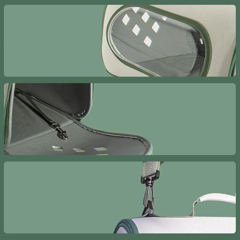 sac de transport pour chat et chien Oscar et Plume vert avec fenêtre transparente sangle réglable et attache intérieure