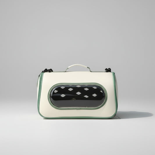 Oscar et Plume sac de transport pour chat et chien beige et vert avec fenêtre bulle transparente et poignée