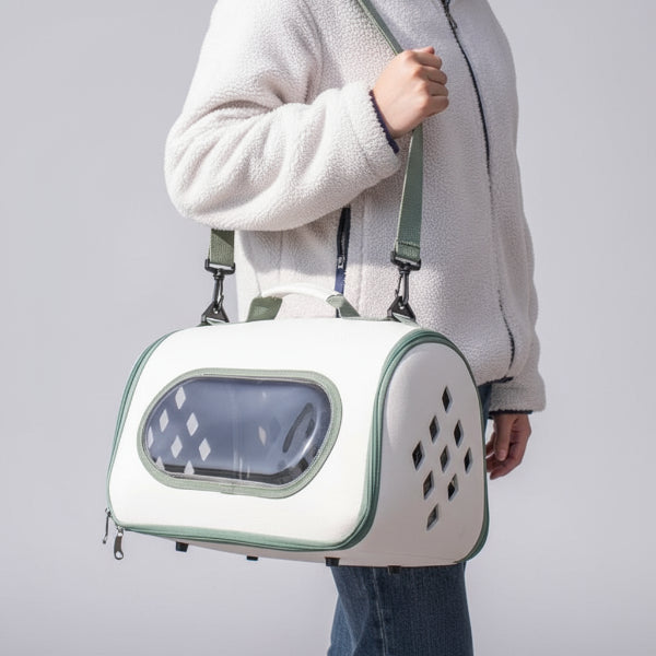 Oscar et Plume sac de transport pour chat et chien beige avec fenêtre transparente, ventilation et bandoulière extérieure