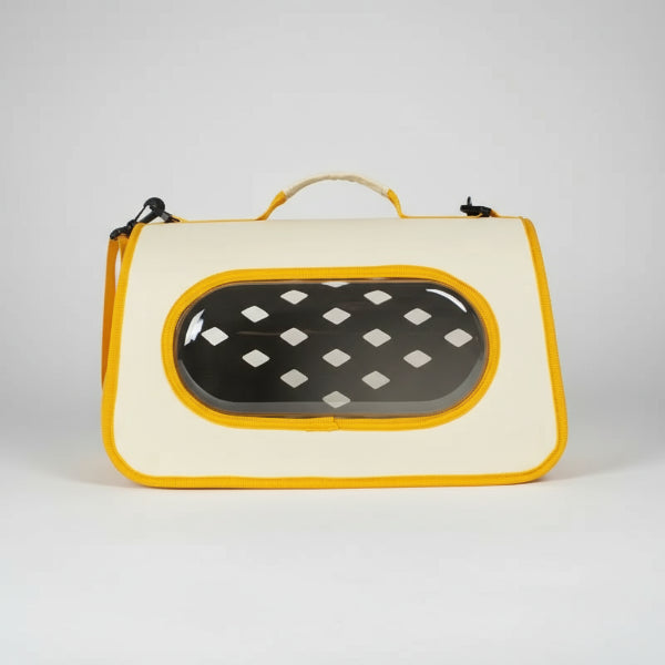 Oscar et Plume sac de transport pour chat et chien beige et jaune avec bulle transparente et poignée
