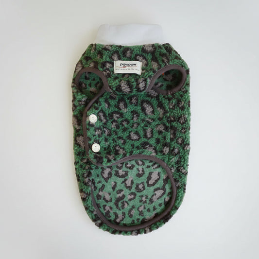 Gilet polaire pour chien petit à motif léopard vert et boutons sur le devant