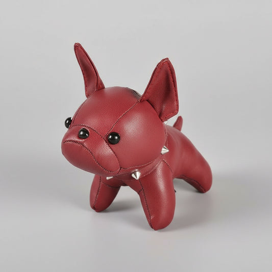 Porte-clés bouledogue en cuir rouge Oscar et Plume avec détails clous et yeux noirs brillants