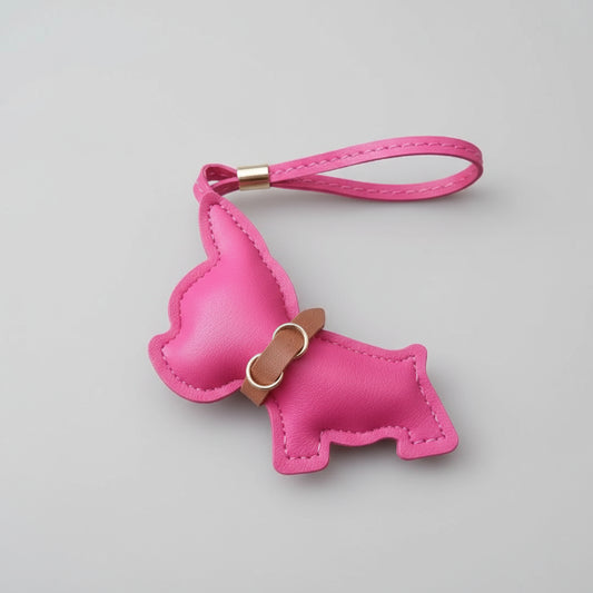 Porte clés bouledogue en cuir rose avec attache en métal pour les amoureux des chiens