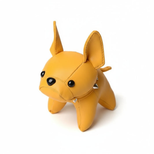 Porte-clés bouledogue en simili cuir jaune avec détails cousus et yeux noirs brillants