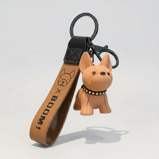 Porte-clés bouledogue en forme de chien avec bracelet en cuir marron signé Oscar et Plume