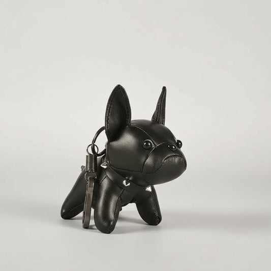 porte-clés bouledogue en cuir noir avec clous décoratifs et anneau métallique Oscar et Plume