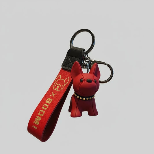 Porte-clés bouledogue rouge avec bracelet en tissu rouge noir de la marque Oscar et Plume