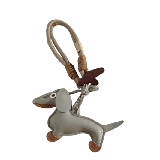Porte-clés original teckel en cuir gris avec détails marron et anneau en corde par Oscar et Plume