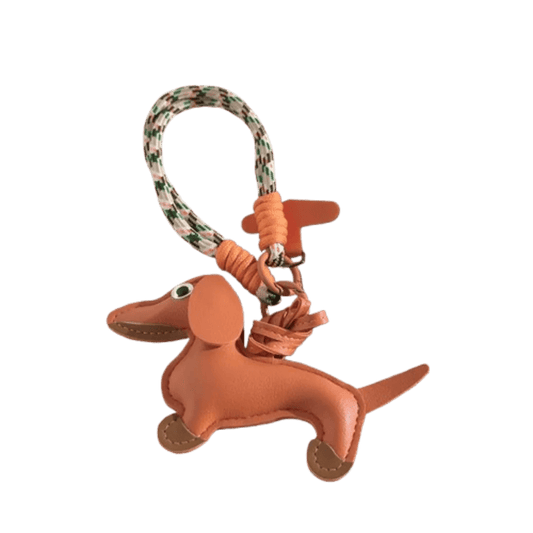 Porte-clés original teckel en cuir orange avec anneau et corde tressée par Oscar et Plume