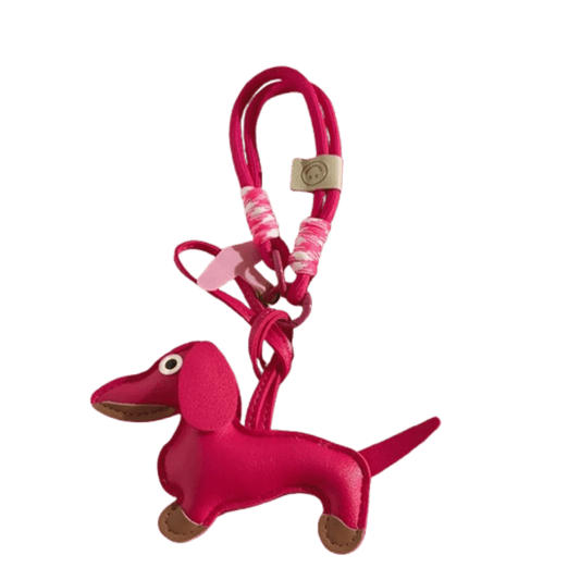 Porte-clés original teckel rose vif en cuir avec cordelette et détails contrastants