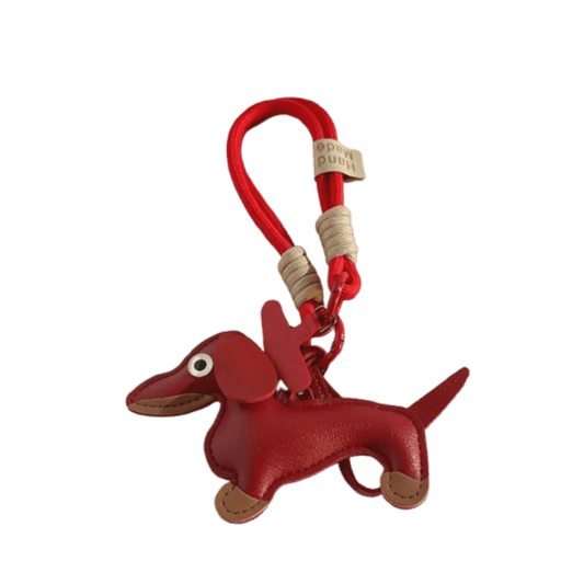 Porte-clés original teckel en cuir rouge avec œil blanc et attache corde rouge par Oscar et Plume