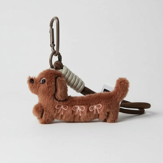 Porte clés teckel peluche marron avec un design doux et des détails en rose, idéal pour les amoureux des animaux
